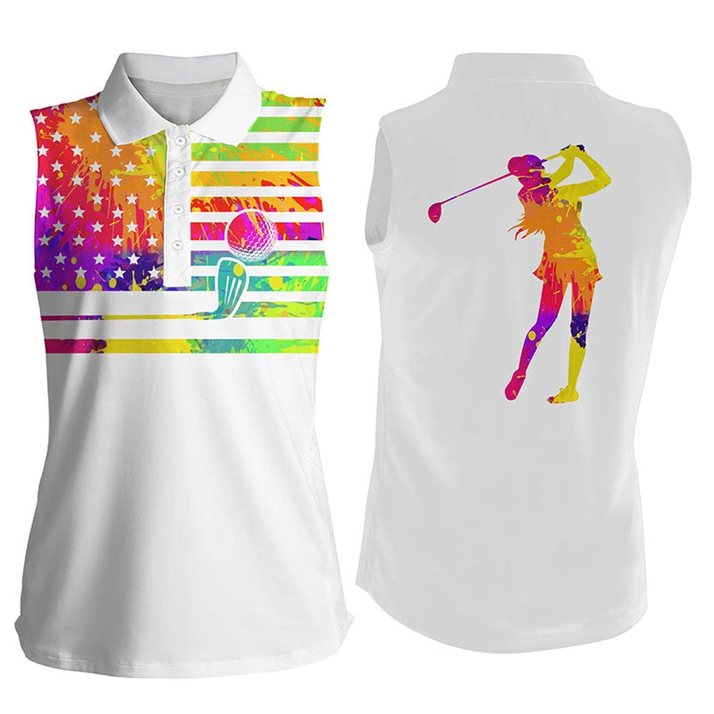Womens Sleeveless Polo Shirts Watercolor American Flag Patriot White Golf Shirt, Women Golf Shirts