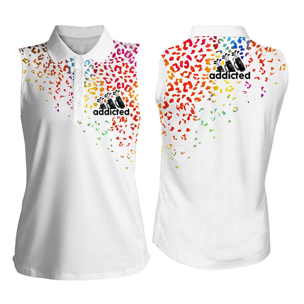 Womens Sleeveless Polo Shirts Watercolor Leopard Golf Addicted Golf Gifts For Girl, Women Golf Shirts