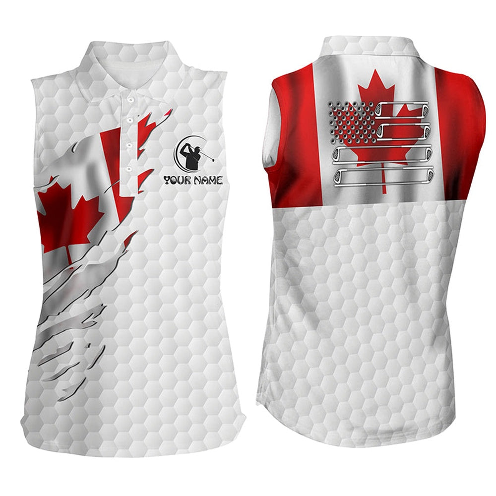 Womens Sleeveless Polos Shirt Custom Canadian Flag White Golf Ball Skin Patriotic Golf Shirt, Women Golf Shirts