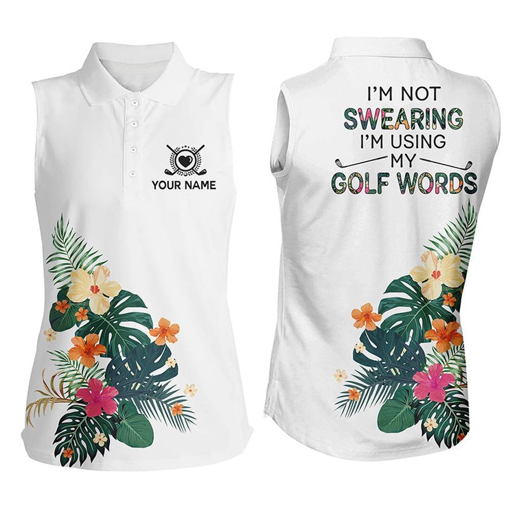 Womens Sleeveless Tropical Flower Golf Shirt Custom White Golf Shirts Tropical Golf Gifts, Women Golf Shirts