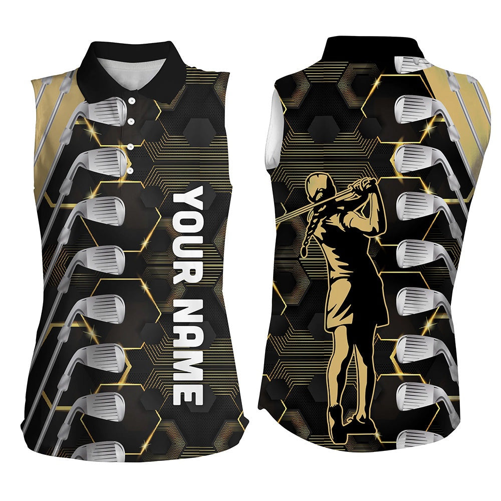 Yellow And Black Golf Clubs Women Sleeveless Polo Shirt Custom Golf Outfit Men, Personalized Golf Gift, Women Golf Shirts