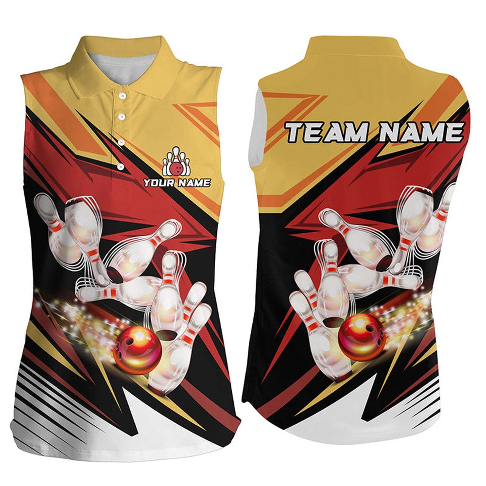 Yellow And Red Camo Bowling Sleeveless Polo Shirts For Women Custom Bowling Team Polo, Bowl Gifts, Women Bowling Shirts