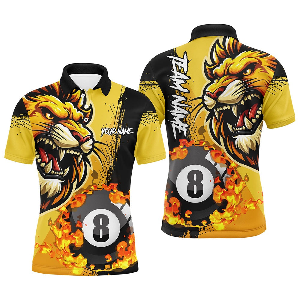 Yellow Funny 8 Ball Pool Flame Custom Lion Billiard Polo Shirts Billiard Polo, Billiard Team Polo Shirts
