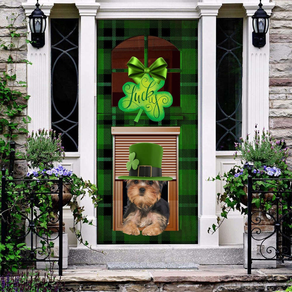 Yorkshire Terrier Lucky green Patrick's shamrock Door cover, Christmas Gift Decor