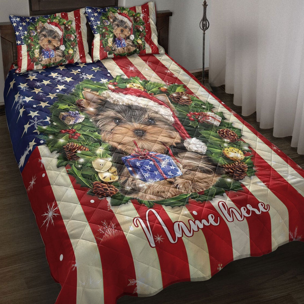 Yorkshire Terrier Wearingmas Hat Bedding Set, Christmas Beddings, Xmas Bedding Sets