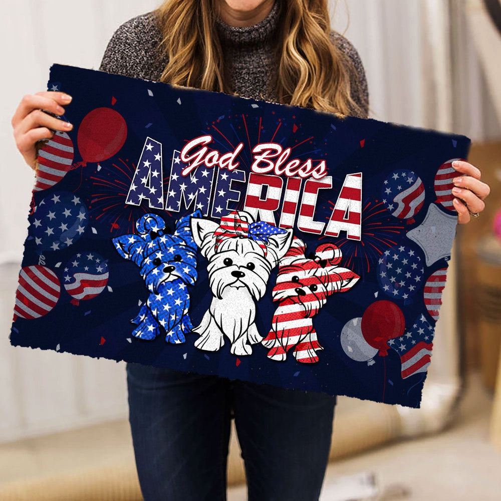 Yorkshire Terrier Welcome Doormat, Yorkshire Terrier God Bless America 4th of July Independence Day Welcome, Pets Home Decor Door Mat