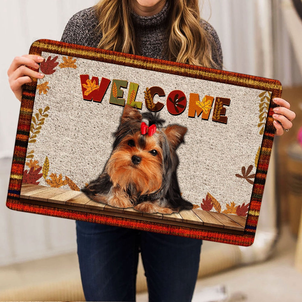 Yorkshire Terrier Welcome Doormat, Yorkshire Terrier Welcome Fall Autumn Pumpkin Spice Maple Leaf Welcome Doormat, Pets Home Decor Door Mat