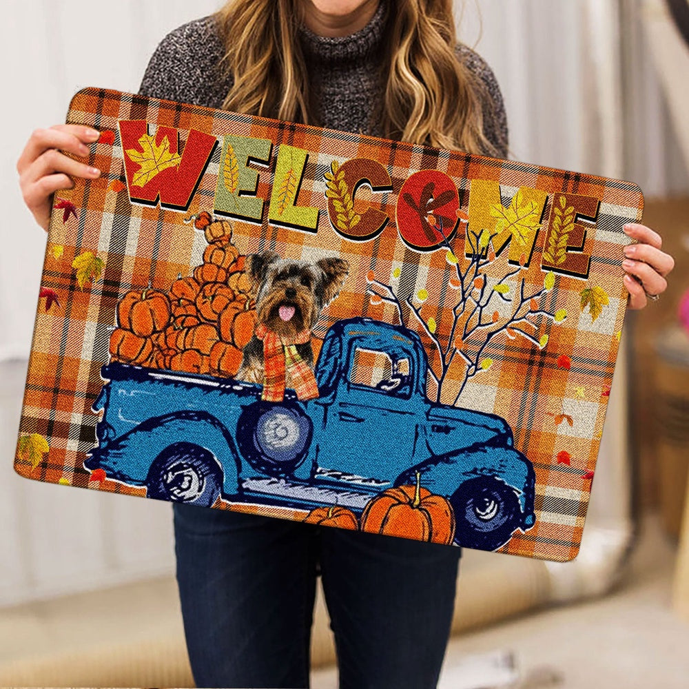Yorkshire Terrier Welcome Doormat, yorkshire terrier Pumpkin Truck Autumn Happy Fall Y'all Welcome Doormat, Pets Home Decor Door Mat