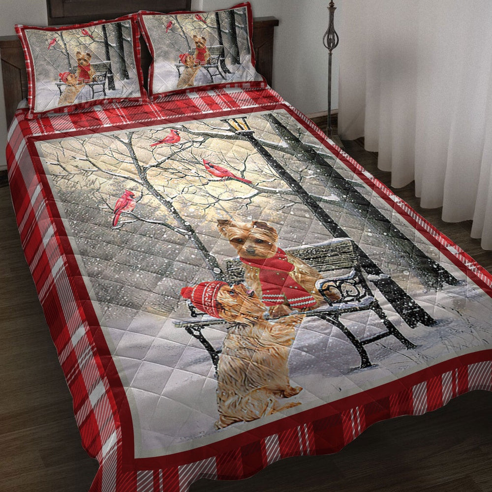 Yorkshire Terrier Yorkie Hellomas Snowflake Winter Park Bedding Set, Christmas Beddings, Xmas Bedding Sets