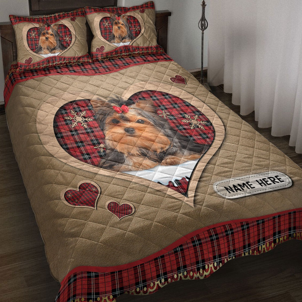 Yorkshire Terriermas Heart Red Plaid Bedding Set, Christmas Beddings, Xmas Bedding Sets