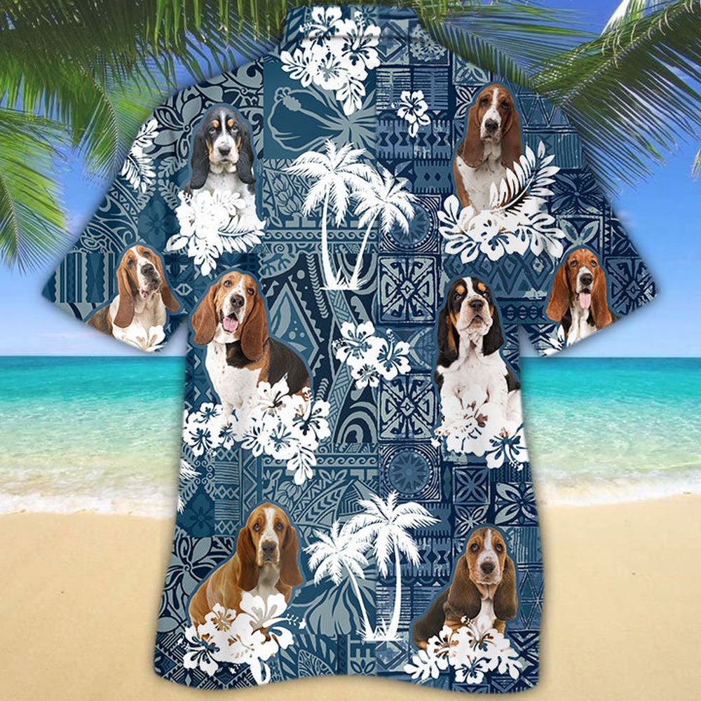 basset hound Hawaiian Tropical Plants Pattern Blue And White All Over Printed Hawaiian Shirt, Farm Hawaiian Shirt, Farmer Hawaii