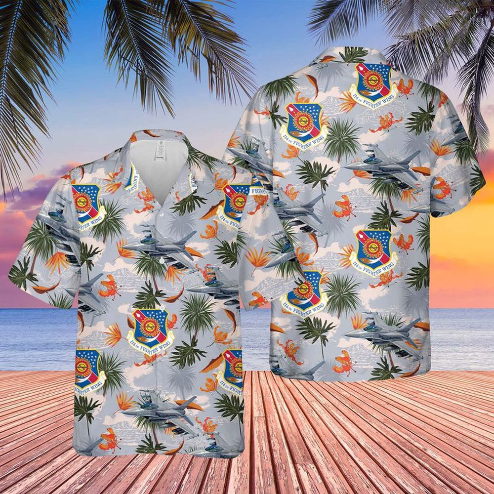 Air Force Hawaiian Shirt, Air National Guard 114th Fighter Wing, General Dynamics F-16 Fighting Falcon Hawaiian Shirt, Air Force Aloha Shirt