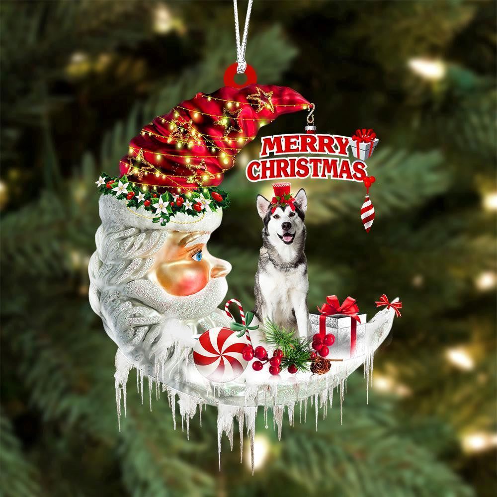Alaskan Malamute On The Moon Merry Christmas Ornaments, Christmas Ornaments 2023