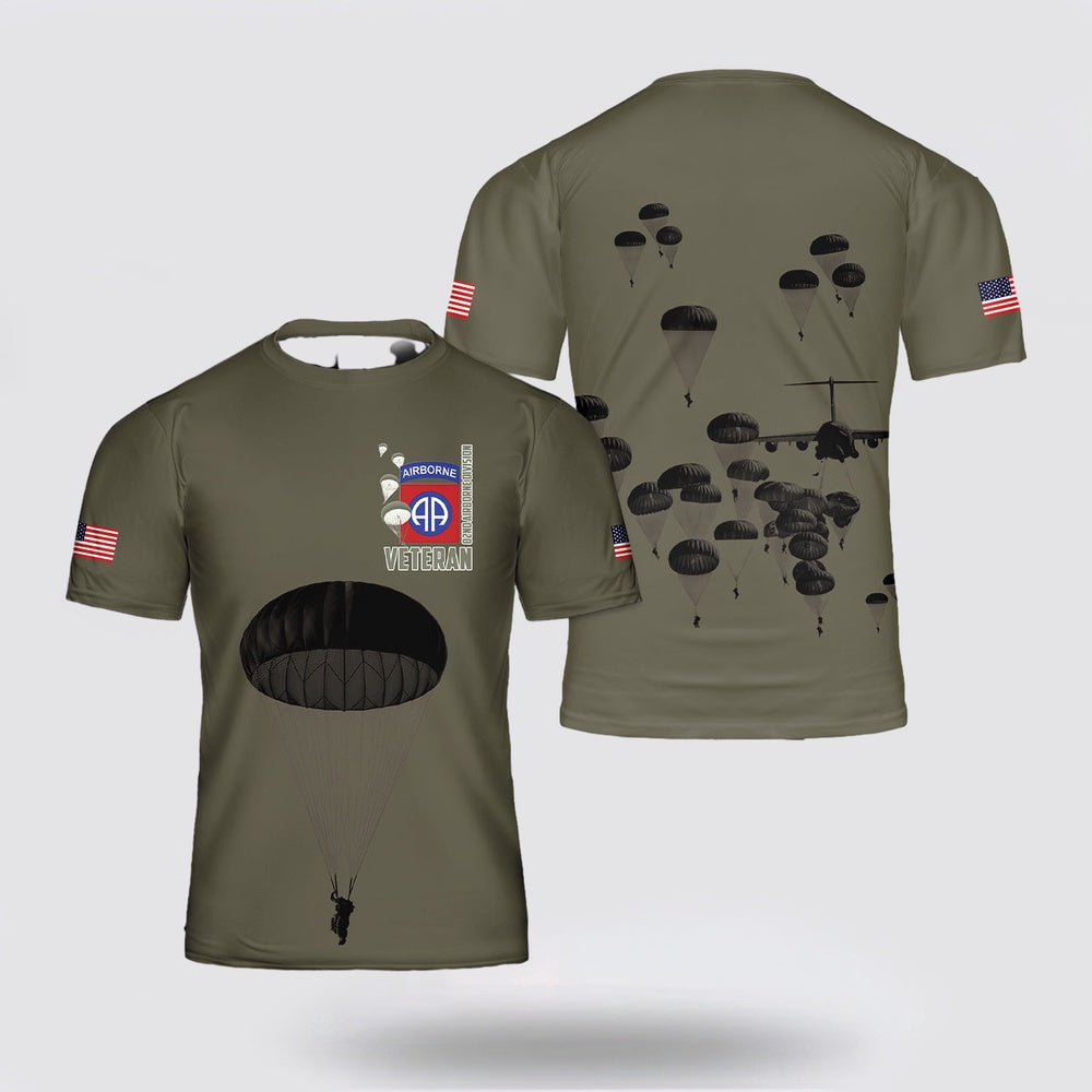 Army T Shirt, Custom Name US Army Paratroopers With The 82nd Airborne Division Parachute Veteran All Over Print TShirt