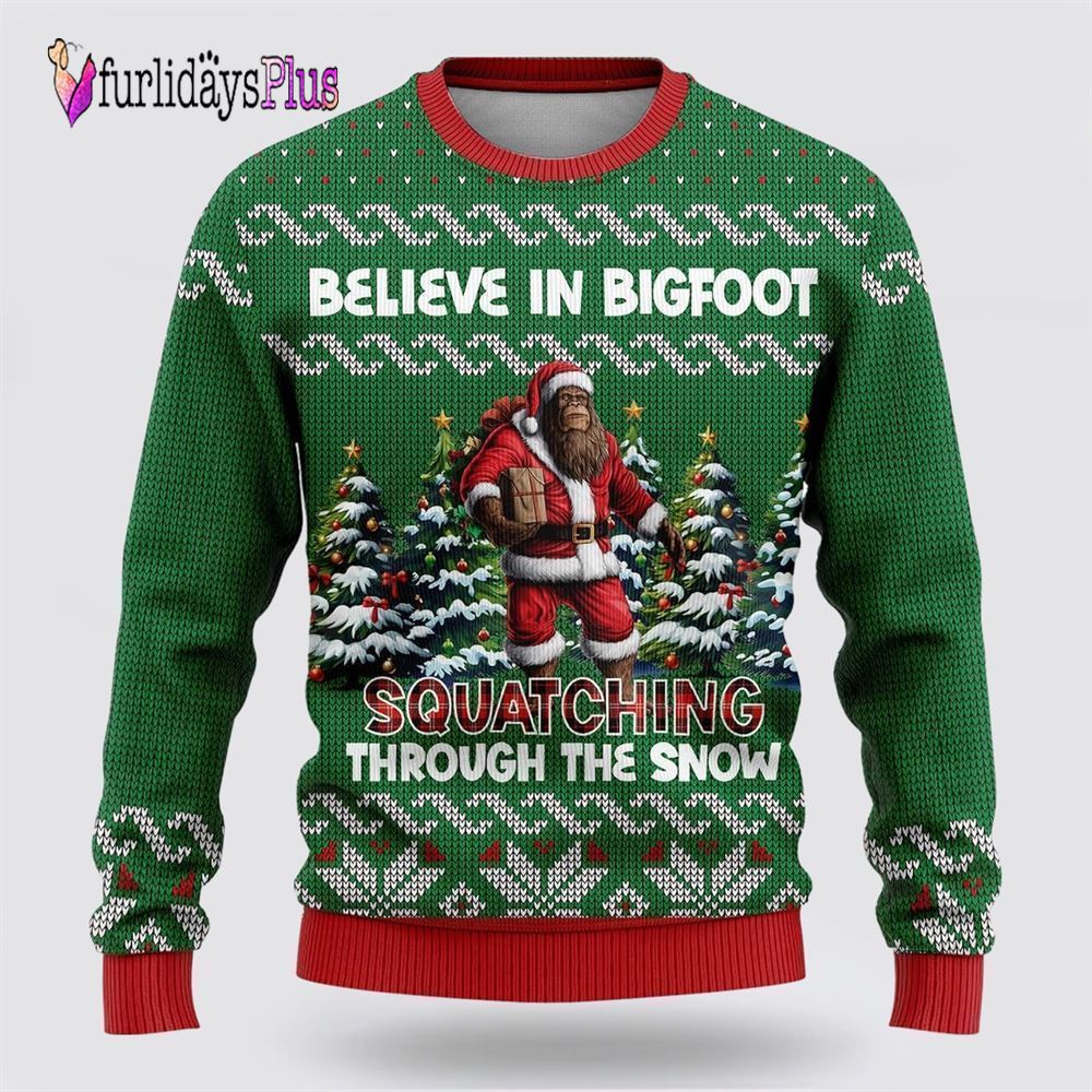 Believe In Bigfoot Through The Snow Ugly Christmas Sweater, Best Gift For Christmas