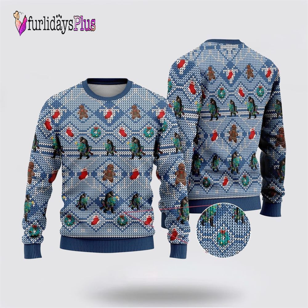 Bigfoot Christmas Blue Pattern Ugly Christmas Sweater, Best Gift For Christmas