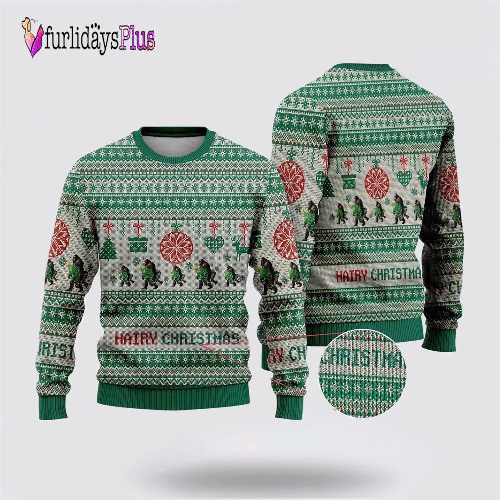 Bigfoot Hairy Christmas Green Pattern Ugly Christmas Sweater, Best Gift For Christmas