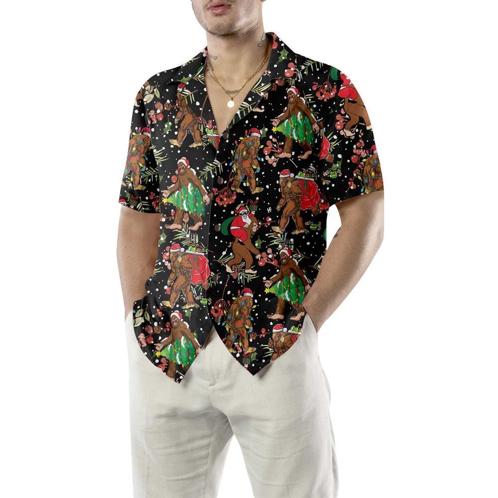 Bigfoot Santa Claus With Christmas Pattern Hawaiian Shirt, Xmas Hawaiian Shirts