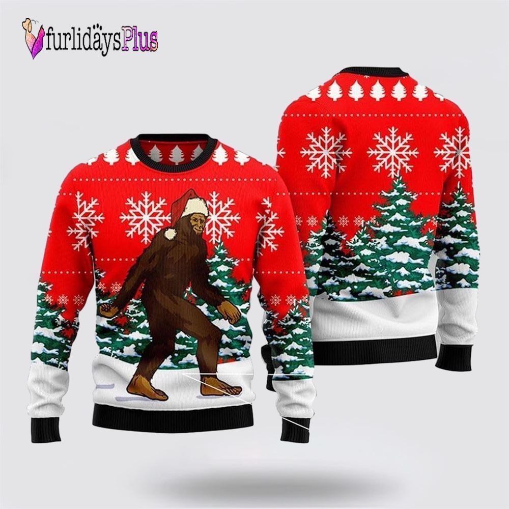 Bigfoot Walks Through The Christmas Pine Forest Ugly Christmas Sweater, Best Gift For Christmas