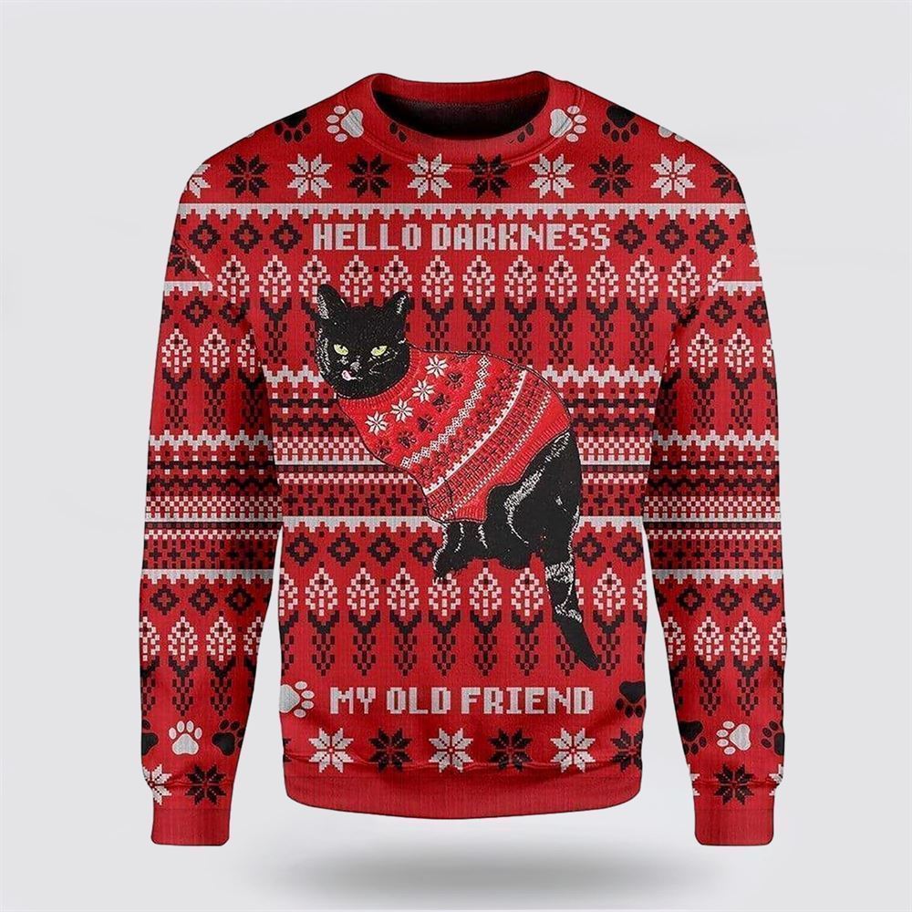Black Cat Wear Red Ugly Christmas Sweater, Christmas Sweater For Cat Lover