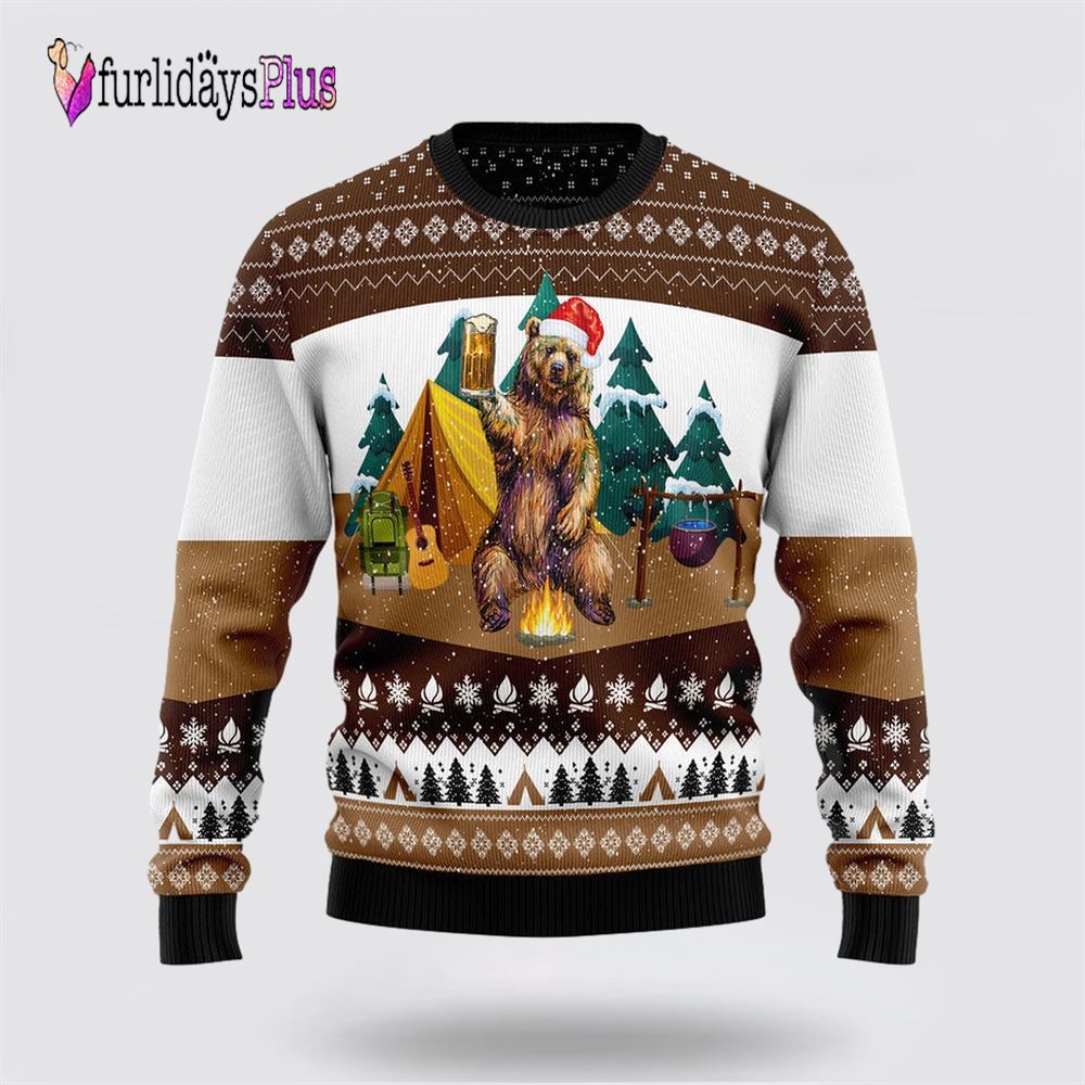 Camping Bear I Hate People Funny Ugly Christmas Sweater, Sweater Gifts For Pet Lover