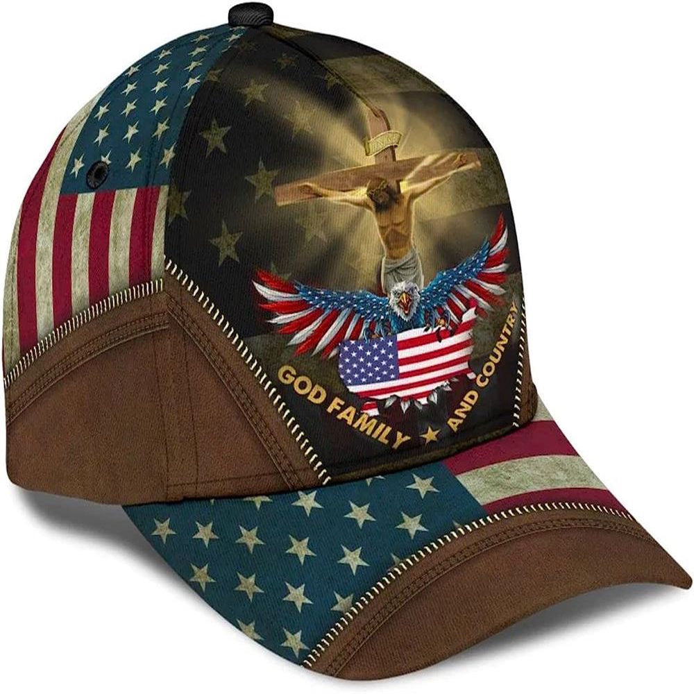 Christian Baseball Caps, Crucifixion Of Jesus God Family And Country All Over Print Baseball Cap, Jesus Hat, Christian Caps