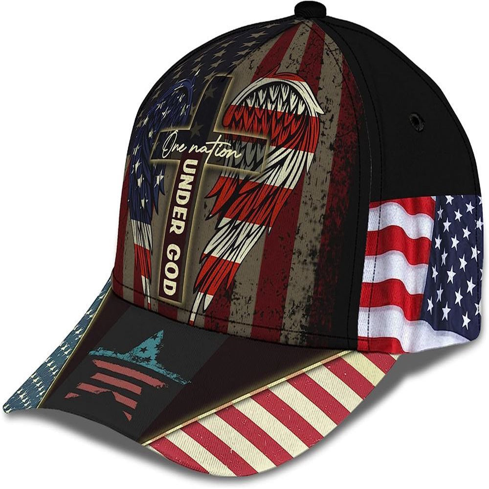 Christian Baseball Caps, One Nation Under God Usa Flag Angel Wings Christian Cross All Over Print Baseball Cap, Jesus Hat, Christian Caps