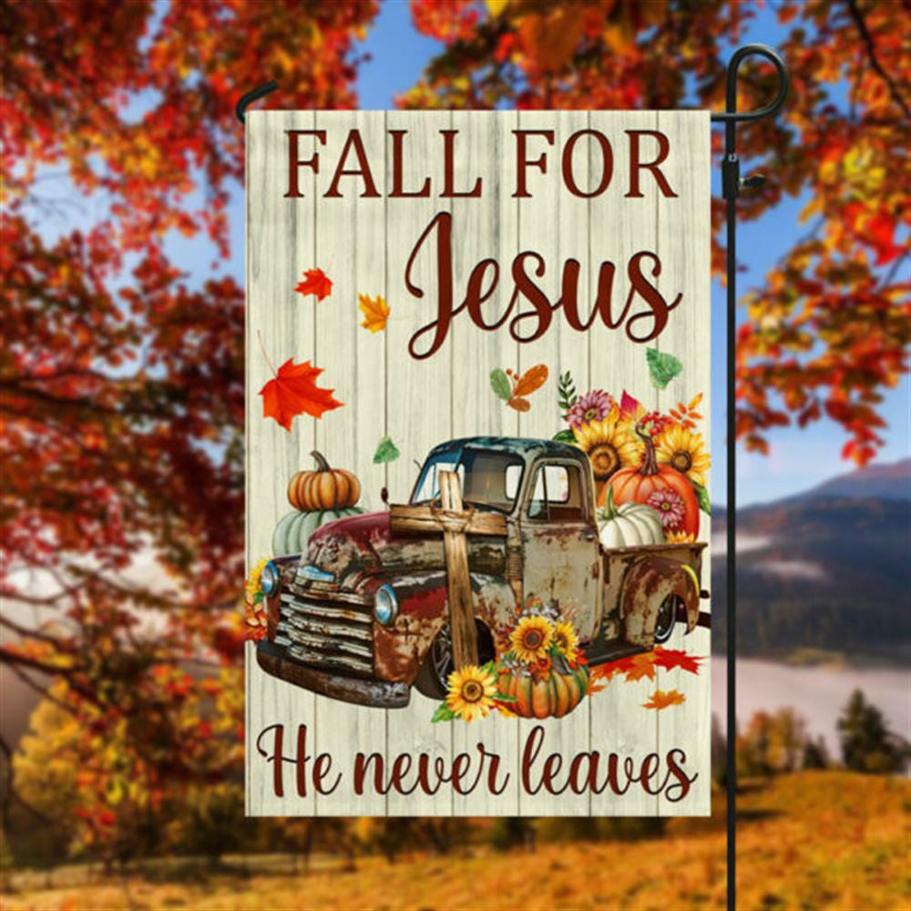 Christian Flag, Fall Truck Pumpkins Flag Fall For Jesus He Never Leaves Halloween Thanksgiving Flag, The Christian Flag, Jesus Christ Flag