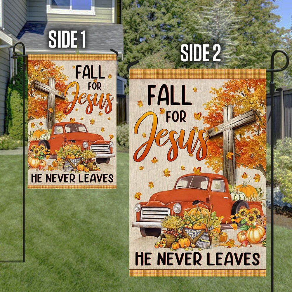 Christian Flag, Fall Truck With Pumpkins Fall For Jesus He Never Leaves Halloween Flag, The Christian Flag, Jesus Christ Flag