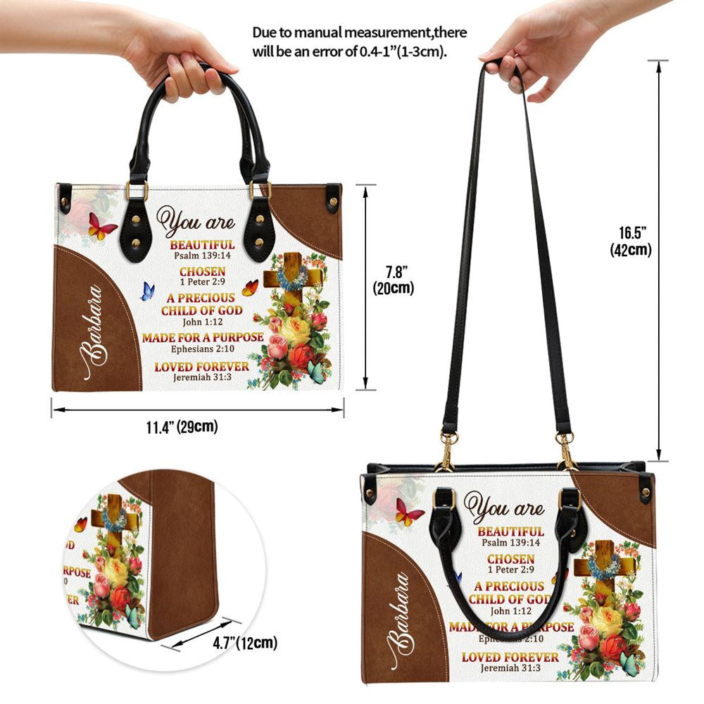 Christian Handbags, Personalized A Precious Child Of God Leather Handbag Roses And Cross, Religious Bag, Christian Bag