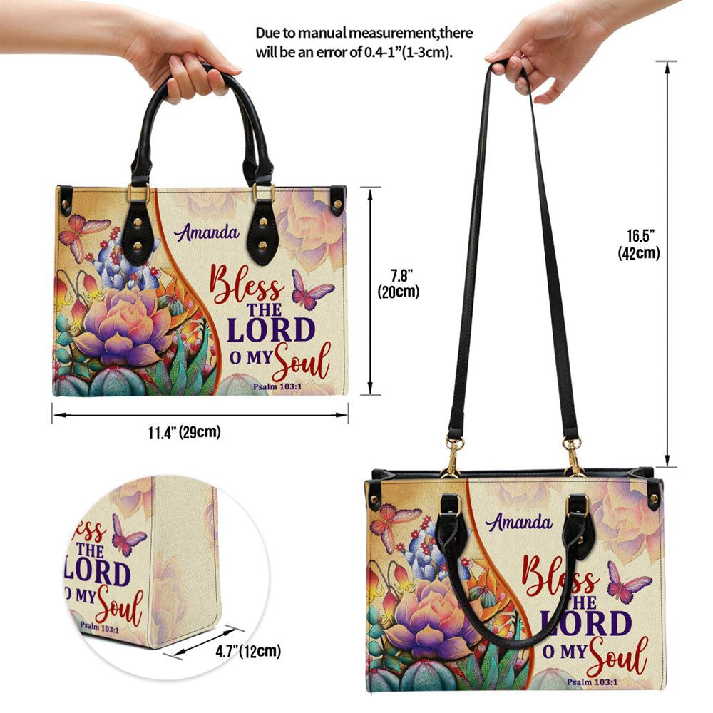 Christian Handbags, Personalized Bless The Lord O My Soul Psalm 1031 Flower And Butterfly Leather Handbag With Handle, Religious Bag, Christian Bag