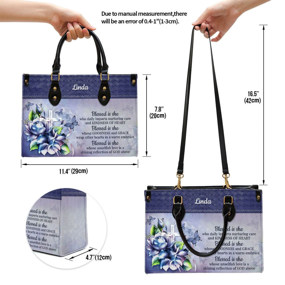 Christian Handbags, Personalized Blessed Is She Who Daily Imparts Nurturing Care And Kindness Of Heart Leather Handbag, Religious Bag, Christian Bag