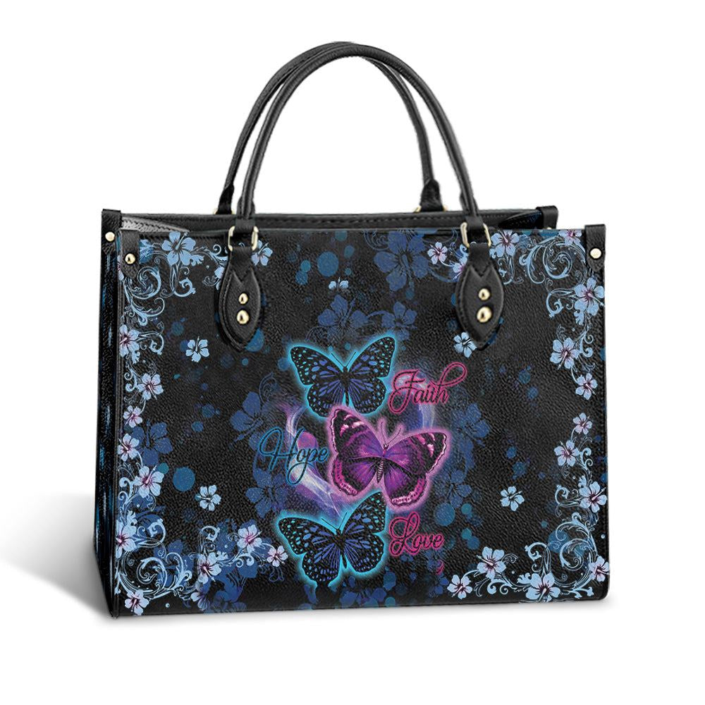Christian Handbags, Personalized Butterfly Faith Hope Love Purple Leather Handbag, Best Mother's Day Gifts, Religious Bag, Christian Bag