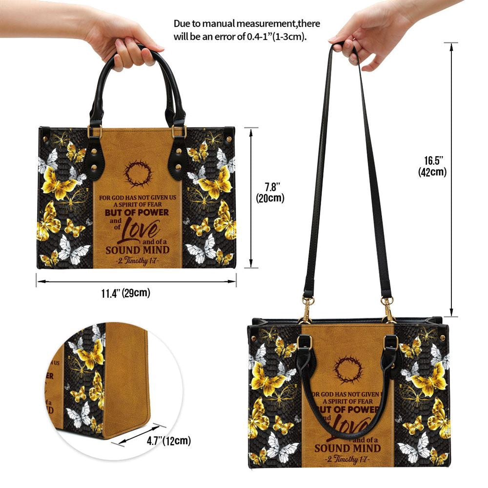 Christian Handbags, Personalized Butterfly For God Has Given Us A Spirit Of Power And Of Love Leather Handbag, Religious Bag, Christian Bag