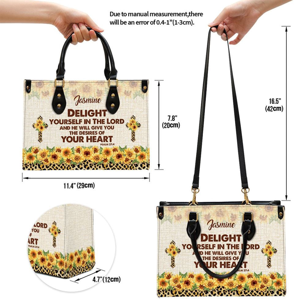 Christian Handbags, Personalized Delight Yourself In The Lord Psalm 37 4 Sunflower And Cross Leather Handbag, Leather Bible Handbag, Christian Bag