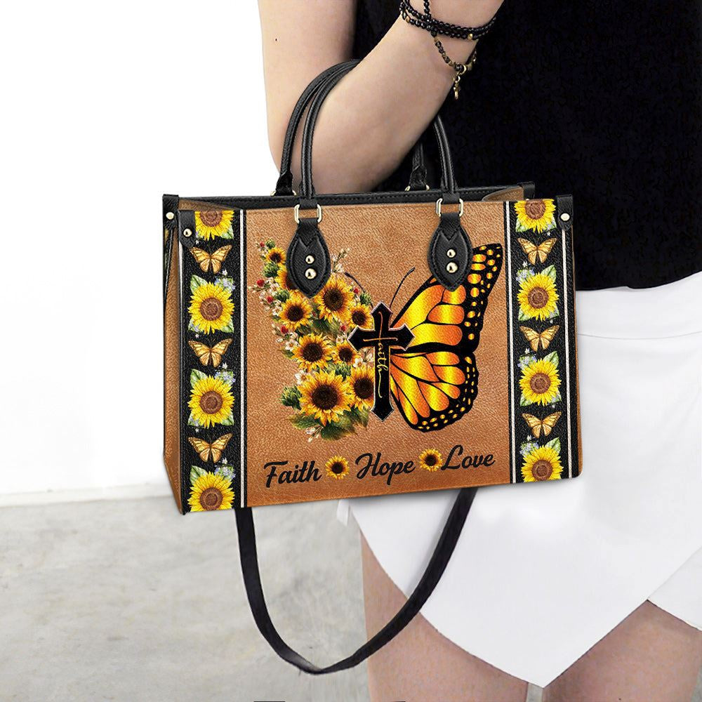 Christian Handbags, Personalized Faith Butterfly Sunflower Leather Handbag, Best Mother's Day Gifts, Religious Bag, Christian Bag