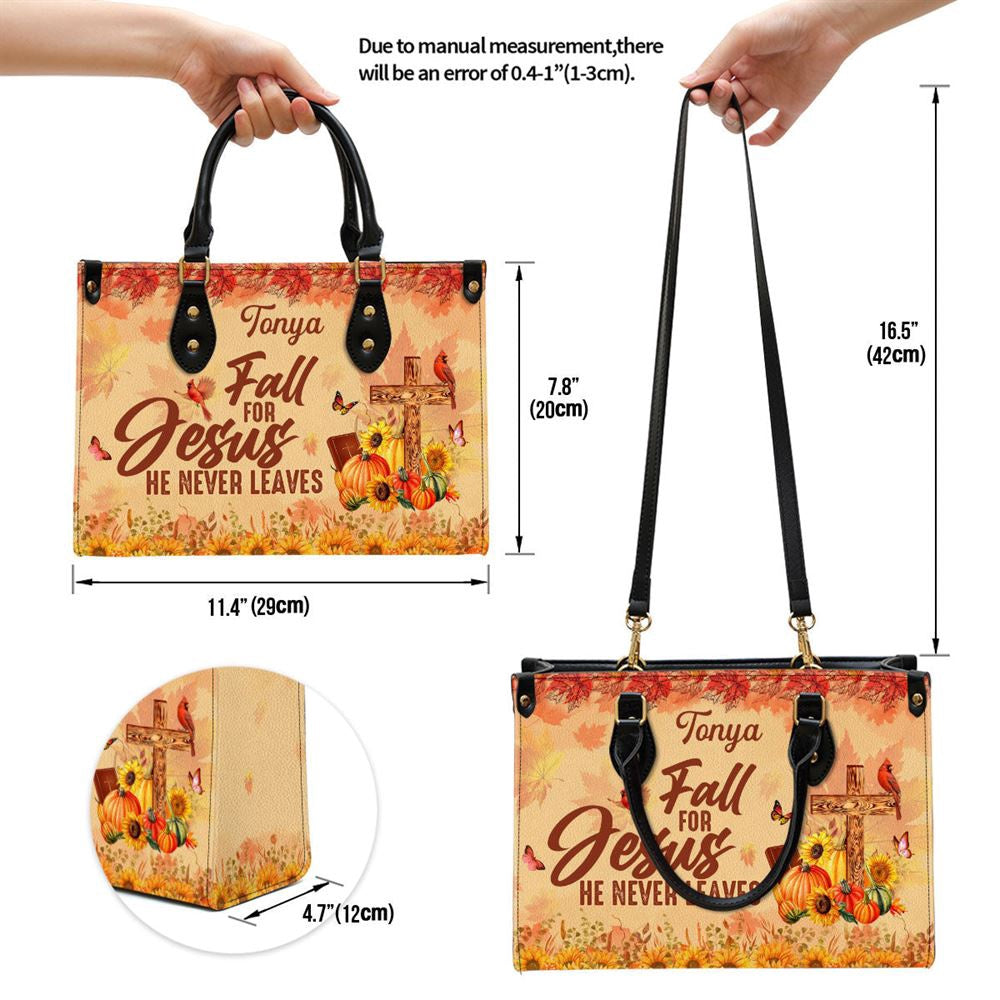 Christian Handbags, Personalized Fall For Jesus He Never Leaves Cardinal & Sunflower Leather Handbag, Religious Bag, Christian Bag