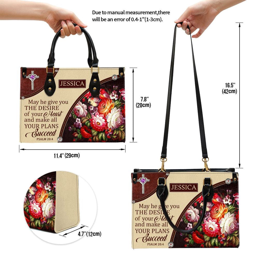 Christian Handbags, Personalized Flower May He Make All Your Plans Succeed Leather Handbag, Religious Bag, Christian Bag