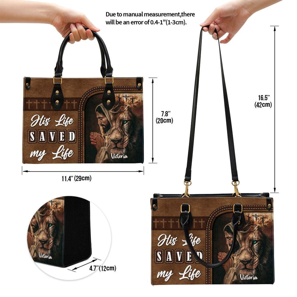 Christian Handbags, Personalized His Life Saved My Life Unique Lion Leather Handbag, Religious Bag, Christian Bag