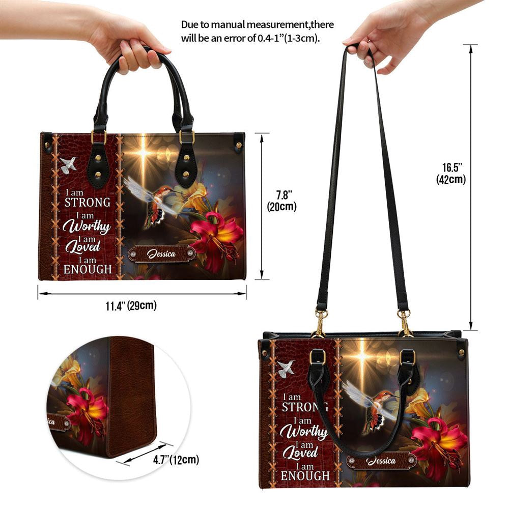 Christian Handbags, Personalized Hummingbird I Am Strong Leather Handbag, Religious Bag, Christian Bag