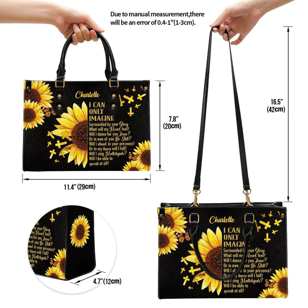 Christian Handbags, Personalized I Can Only Imagine Sunflower And Cross Leather Handbag With Handle, Religious Bag, Christian Bag