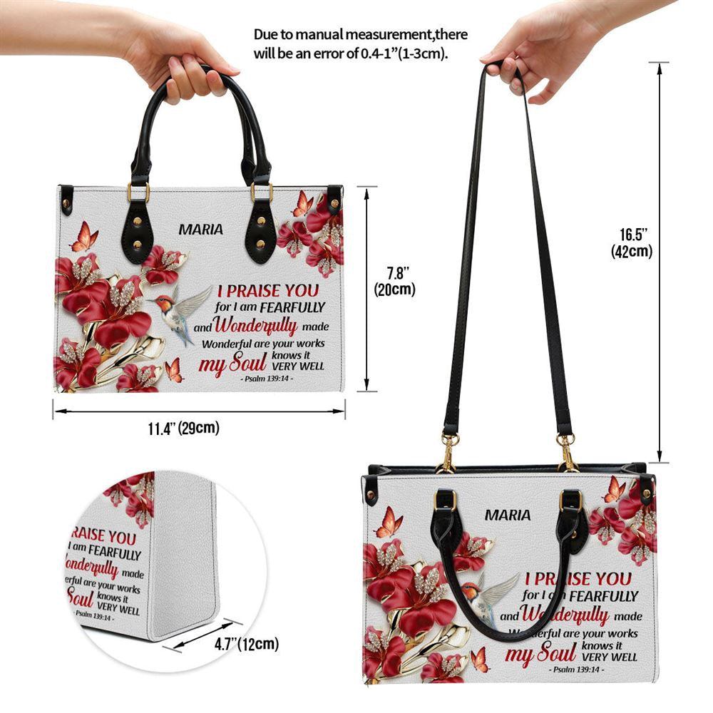 Christian Handbags, Personalized I Praise You For I Am Fearfully And Wonderfully Made Pretty Leather Handbag, Religious Bag, Christian Bag