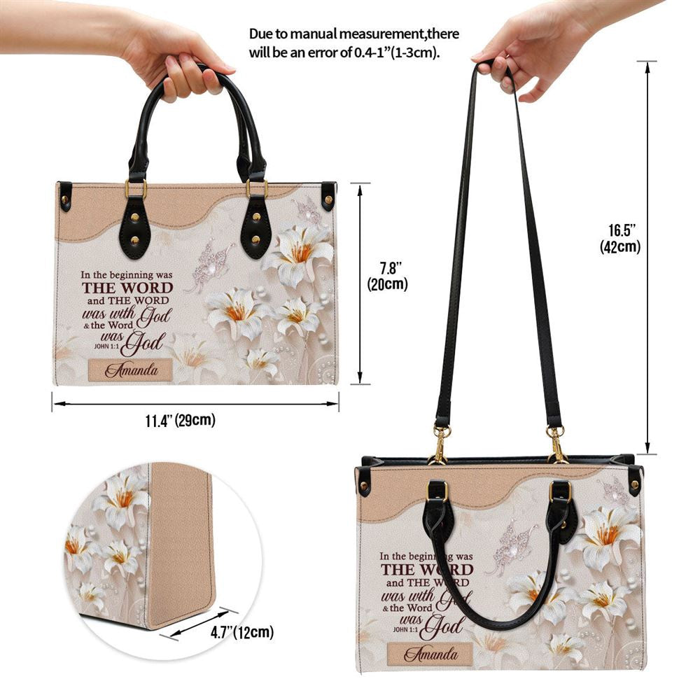 Christian Handbags, Personalized Lily Leather Handbag In The Beginning Was The Word, Religious Bag, Christian Bag