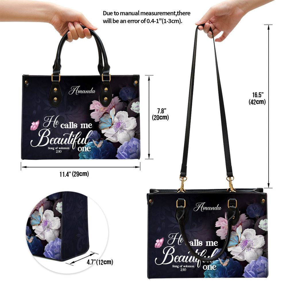 Christian Handbags, Personalized Solomon 2 10 He Calls Me Beautiful One Leather Handbag, Leather Bible Handbag, Religious Bag, Christian Bag