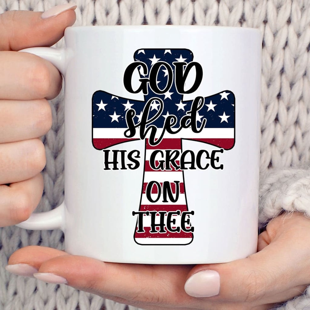 Christian Mug, Christian Coffee Mug Cross American Flag God Shed His Grace On Thee, Religious Coffee Mugs, Scripture Coffee Mugs