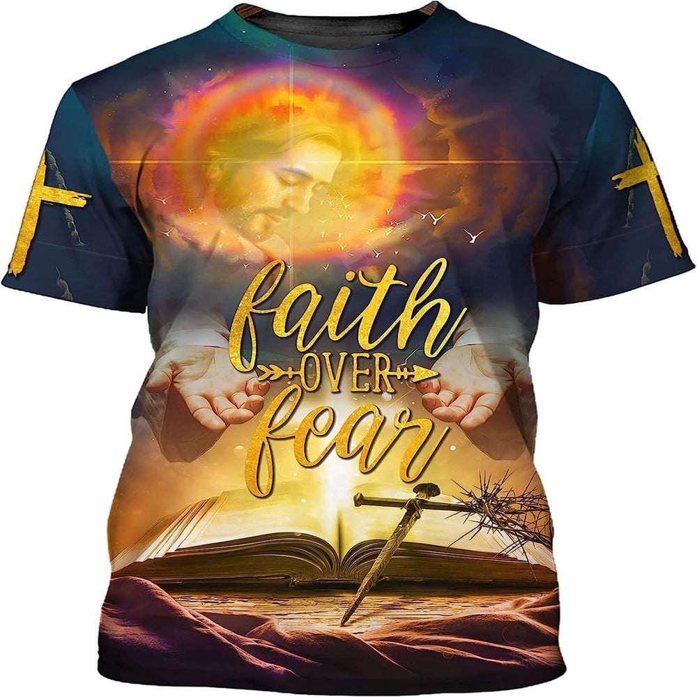Christian T Shirt, Faith Over Fear Religious God Custom Text 3D T-Shirt, Religious Shirts