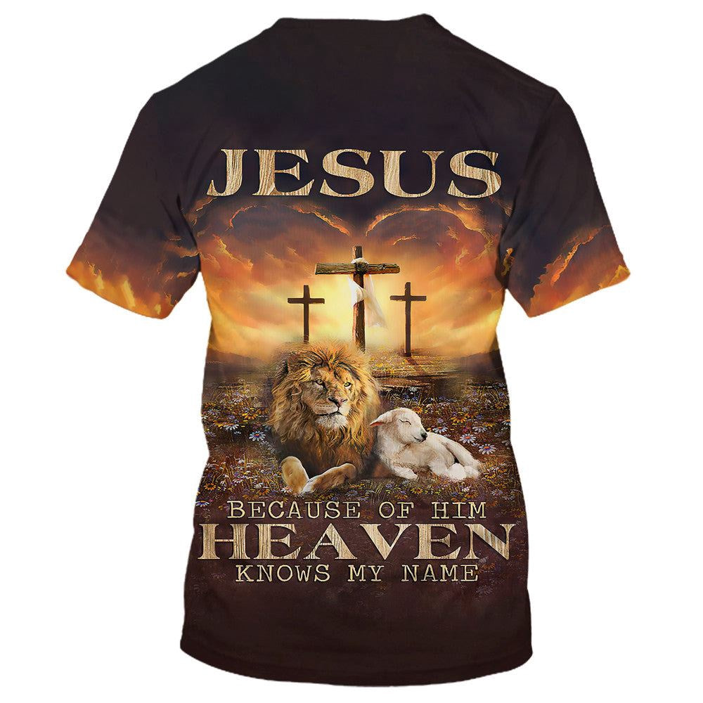 Christian T Shirt, Jesus Lion And Lamb Jesus Because Of Him Heaven Knows My Name All Over Print T-Shirt, Religious Shirts