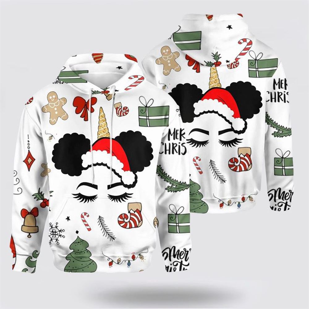 Christmas 3D Hoodie, Christmas Unicorn Black Girl Santa Claus All Over Print 3D Hoodie