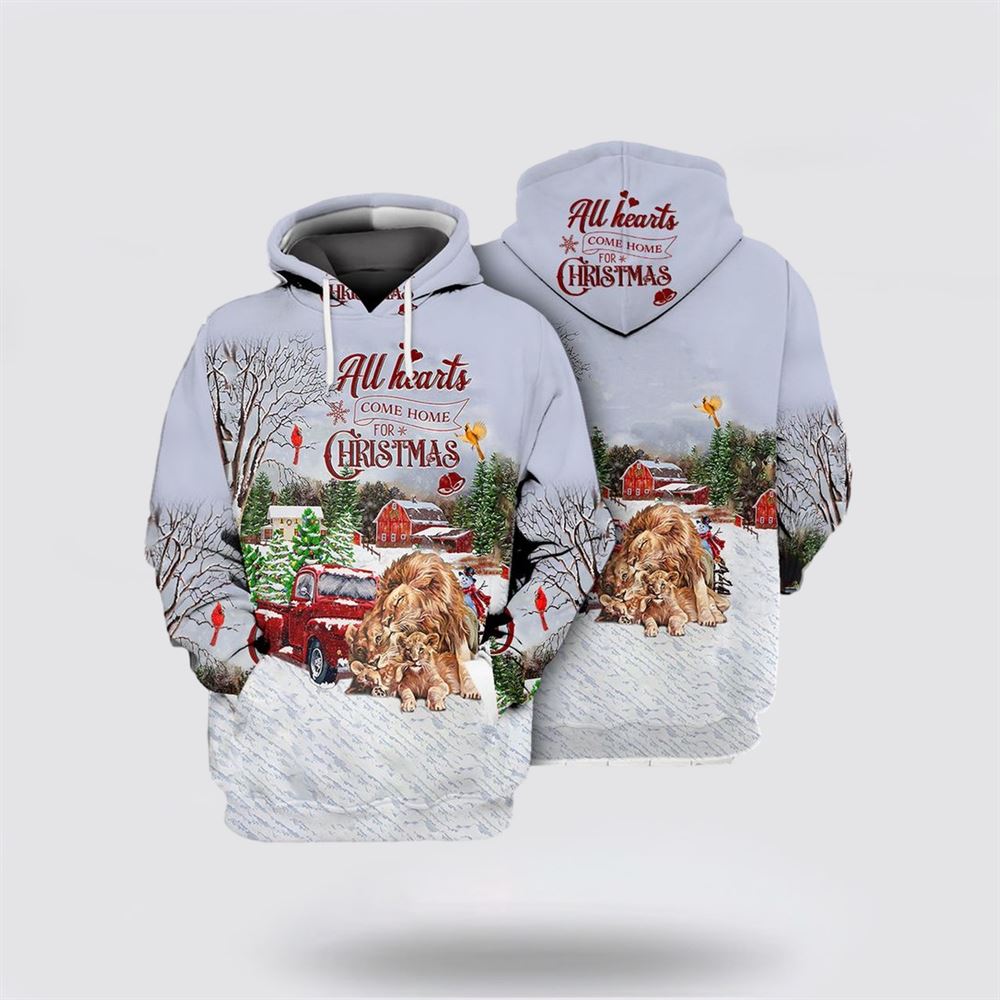 Christmas 3D Hoodie, Lion All Hearts Come Home For Christmas All Over Print 3D Hoodie