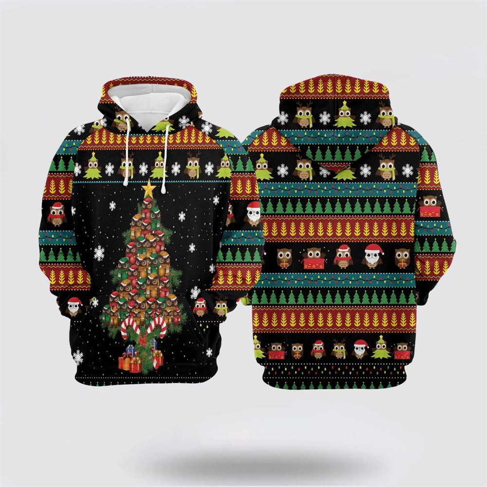 Christmas 3D Hoodie, Owl Christmas Tree All Over Print 3D Hoodie